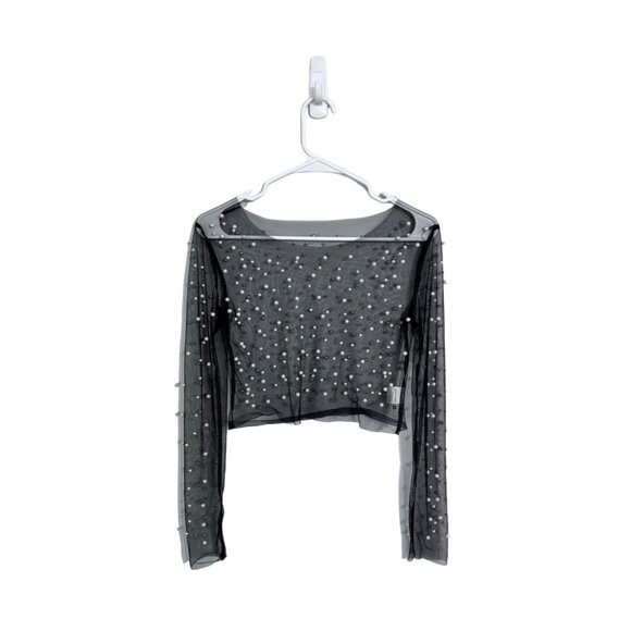 Pearl embellished sheet mesh long sleeve top edgy coquette size S - Picture 1 of 4